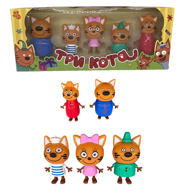 

8.5-12cm 5pcs/lot Russian Cartoon Three Kittens Happy Cat Action Figure Toys PVC Character Dolls For Kids Christmas Party Gifts