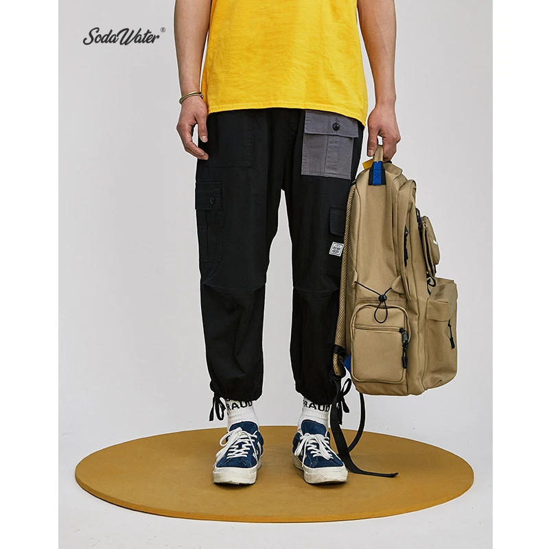 

SODA WATER Tatical Cargo Pants Pocket Design Ankle-Length Pants Loose Fit Streetwear Hip hop Men Trousers Cotton Pants 9333S