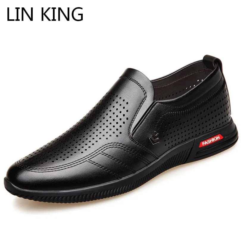 LIN KING Breathable Pierced Men Leather Shoes Fashion Solid Slip On ...