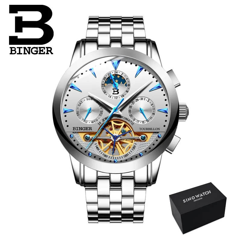 Роскошные Швейцария BINGER бренд для мужчин Self-wind водостойкие полный сталь Автоматические механические мужской моды Tourbillon часы - Цвет: Steel silver silver