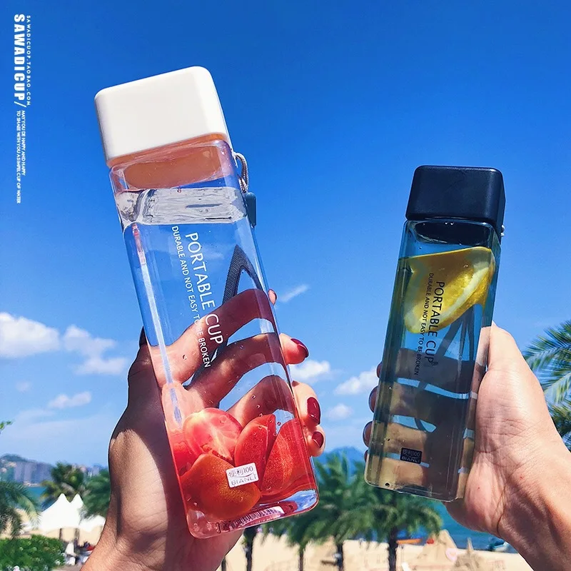 

Cute Plastic bottle 450ml for Water Bottles to drink with Rope Transparent or Frosted Sport Korean style Heat resistant Cup