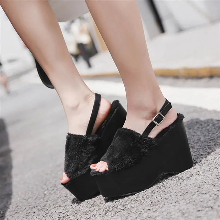 Autumn Women Sandals Peep Toe Buckle Soft Fur Cotton Insole Cozy Fashion Wedge Platform Women's Shoes Black 12cm Super High Heels (1)