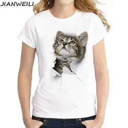 JIANWEILI летняя футболка женская озорная кошка 3D Прекрасный Принт оригинальность o-образным вырезом harajuku Короткие рукава футболки футболка