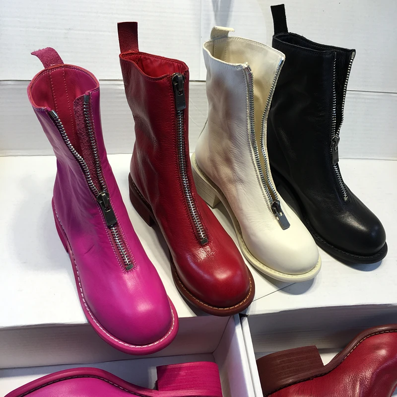 

2019 Genuine Leather front Zip ankle boots Hot Sale Cow Leather Boots Shoes Woman fashion trendy style Square Heel Woman Shoes
