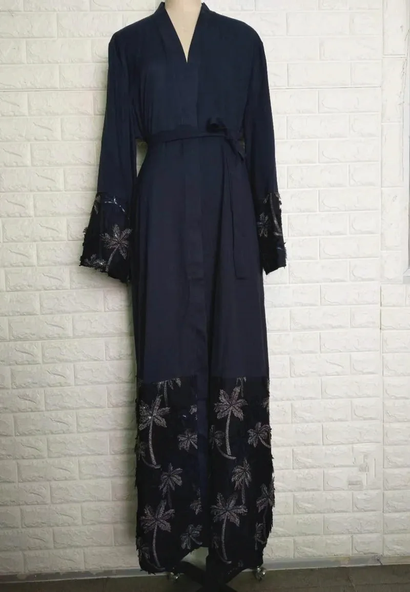 Элегантная Муслима хит цвет аппликации кружевная Абая Турецкая полная длина джилбаб Дубай женский кардиган исламское платье wq1334 Прямая поставка - Цвет: navy