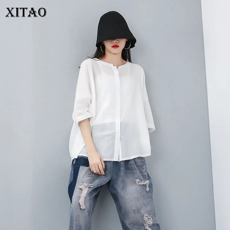 

[XITAO] 2019 New Europe Casual Loose Three Quarter Sleeve Solid Color O-neck Fashion Woemn Summer Pullover Blouse ZLL3595