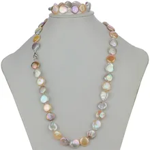 SNH 13-14 мм AA+ форма монеты натуральный пресноводный жемчуг ювелирные наборы 925 серебро ожерелье и браслет