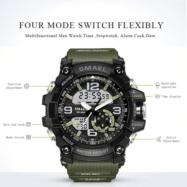SMAEL Men Military Watch 50m wodoodporny zegarek LED zegar kwarcowy męski relogios męski 1617 cyfrowe zegarki sportowe mężczyźni tanie i dobre opinie Quartz Wristwatches Complete Calendar Shock Resistant Rattrapante Stop Watch LED display Auto Date Water Resistant Chronograph Back Light Multiple Time Zone Alarm Perpetual Calendar SMAEL Men Military Watch 50m wodoodporny zegarek LED zegar kwarcowy męski relogios męski 1617 cyfrowe zegarki sportowe mężczyźni tanie i dobre opinie Quartz Wristwatches Complete Calendar Shock Resistant Rattrapante Stop Watch LED display Auto Date Water Resistant Chronograph Back Light Multiple Time Zone Alarm Perpetual Calendar