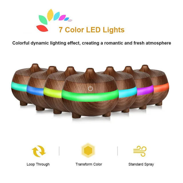 300ML Wooden Grain Air Humidifier USB Aromatherapy Diffuser Ultrasonic with 7 Color LED Lights Essential Oil Aroma Diffuser