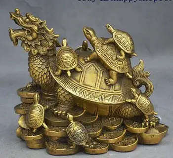 

8" China fengshui Brass wealth Yuanbao coin Dragon turtle carry Tortoise Statue