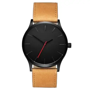 

New Fashion Men No Numbers Big Round Dial Faux Leather Band Analog Quartz Watch