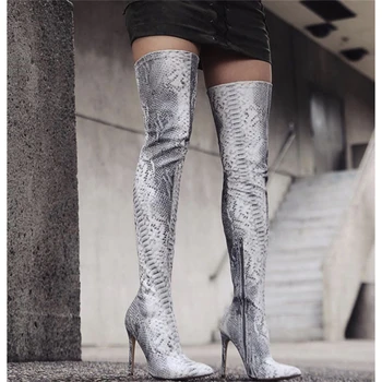 

Fashion Snake Prints Over the Knee Boots Python Snakeskin Stilettos Thigh High Boots Pointed Toe Thin High Heels Shoes Women