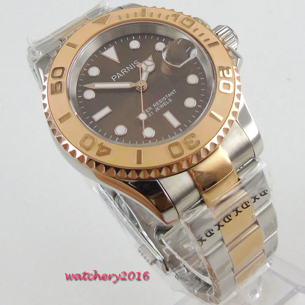 

41mm parnis Brown Dial ceramic bezel Sapphire Glass Deployment Clasp Luminous marks Automatic Mechanical men's Watch