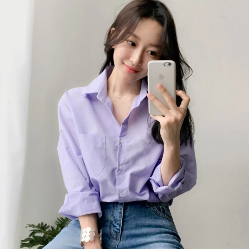 

S-XL Plus Size Solid purple Women Shirt Long Sleeve Turn down collar Casual Top 2018 New Summer OL Office Work Blouse