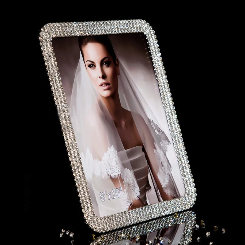 

Wedding Accents Shiny Silver Plating with Clear Rhinestones Jeweled Round Corners Rectangle Metal Photo Frame for 5,6,8,10inches
