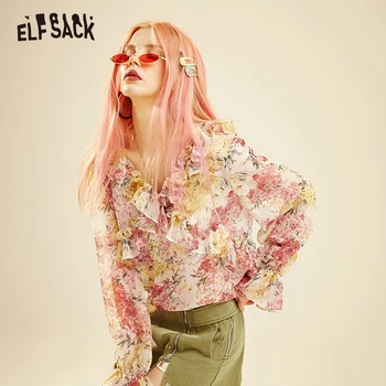 

ELFSACK Floral Print Women Blouses Sexy V-Neck Backless Female Chiffon Shirts 2019 Summer Fashion Lace up Femme Tops