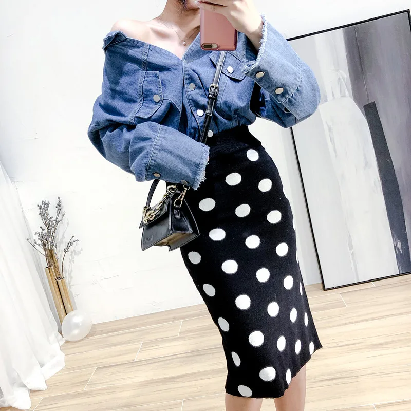 

Vintage Chic Polka Dot Knit Skirt women elegant Retro Flavor Package hip jupe femme rokken office pencil High Waist Skirt