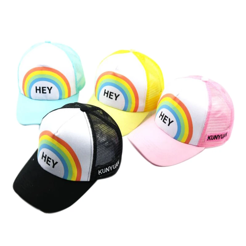 

Summer New Rainbow Stitching Children's Baseball Mesh Cap Letters HEY Baseball Cap Travel Visor Hats For Kids Children's Cap