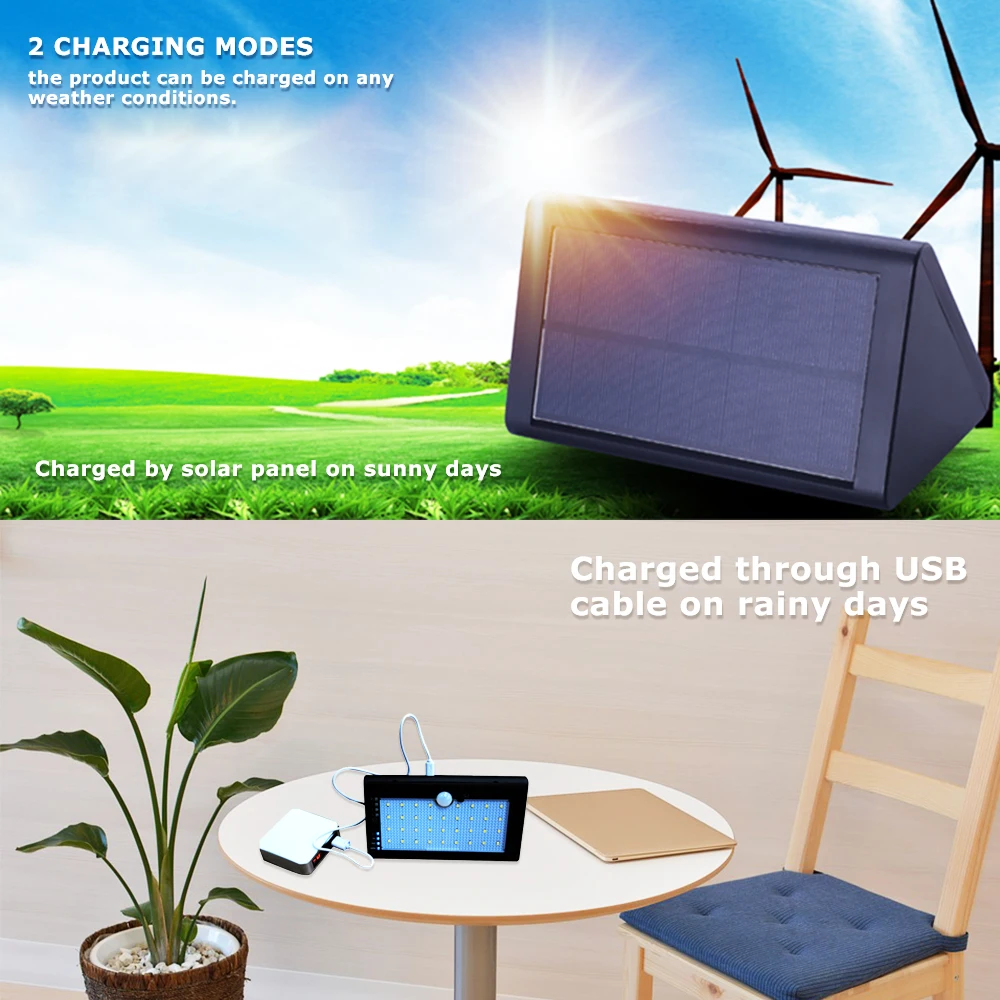

Solar lampPowered Rechargeable 35 LEDs 6W 600LM IP54 Lamp Light Control PIR Human Motion Sensor 4 Lighting Modes with USB Cable