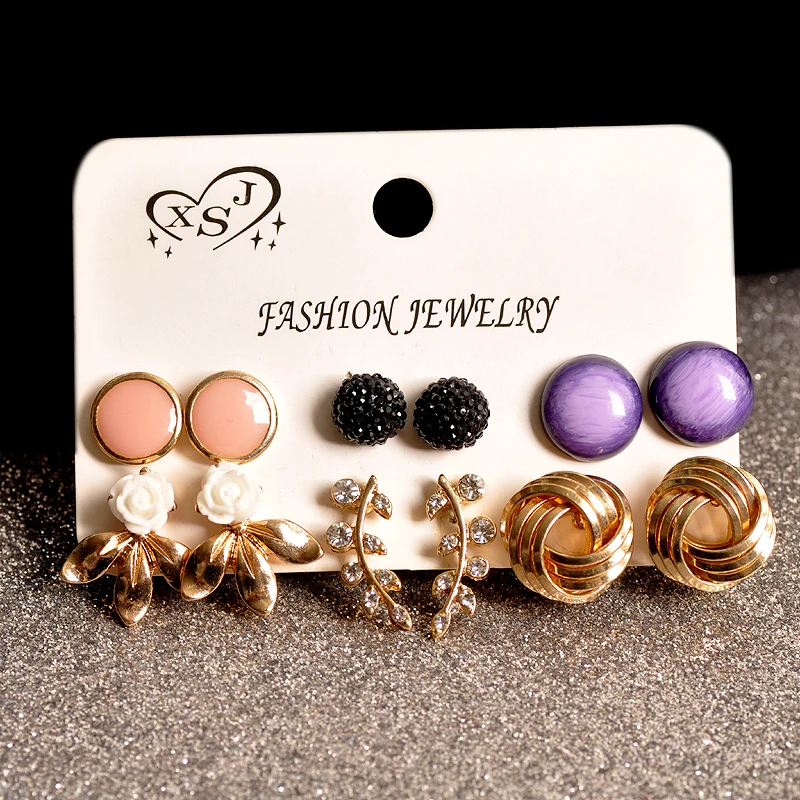 

2019 New fashion women's jewelry wholesale girls birthday party pink earrings set mashup 6 pairs /set earrings Free shipping