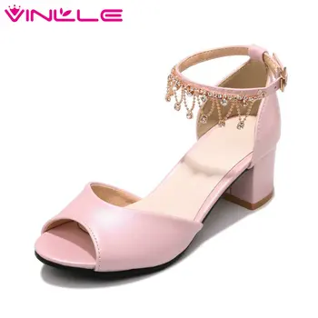 

VINLLE 2020 Elegant Women Pumps Peep Toe Square High Heel PU leather Ankle Strap White Ladies Wedding Shoes Size 34-43