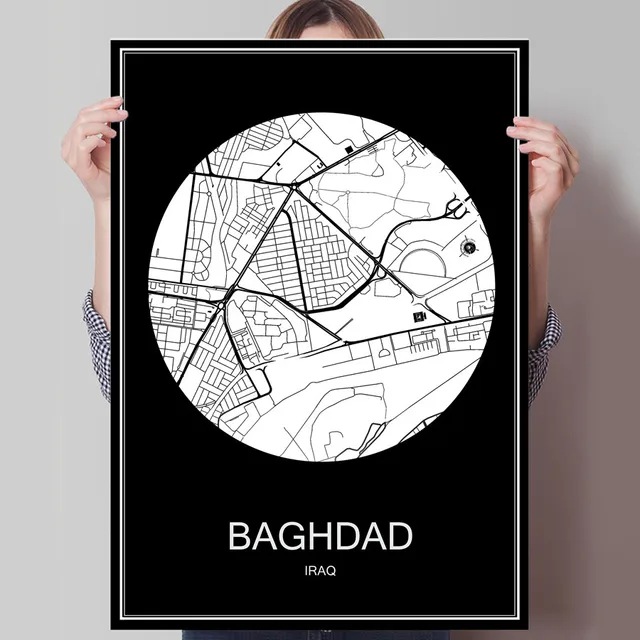 world city map baghdad iraq print poster print on paper or canvas wall sticker for bar