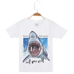 Лидер продаж, базовая белая футболка с короткими рукавами для мальчиков, хлопковая забавная футболка с круглым вырезом и принтом акулы