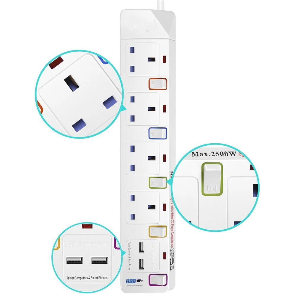 Мульти мощность полосы Великобритании удлинитель 4 способ Розетка с USB защита от перенапряжения зарядки порты с переключателем 1,8 м удлинитель шнур