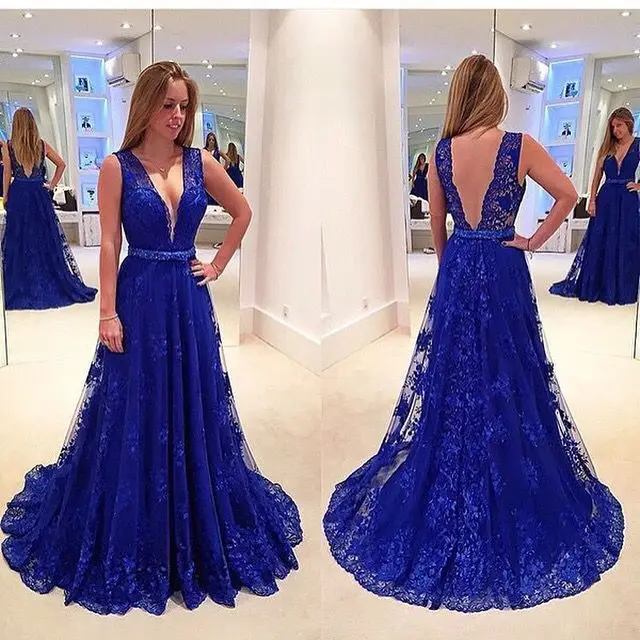 Prom dresses 2017 New Sexy V Neck Royal Blue Lace Fast Delivery Floor