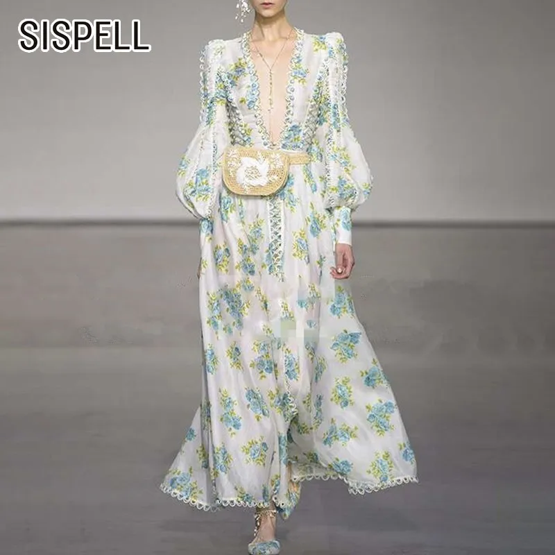 

SISPELL A Line Women's Dress V Neck Lantern Sleeve High Waist 2019 Summer Ankle-length Vintage Print Dresses Female Fashion New