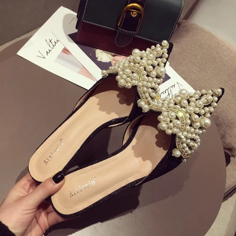 

Handmade Shoes Pearl Slippers Woman Beading String Mules Pointed Toe Sandals Slides Women Beaded Slippers Summer Flipflops 4622