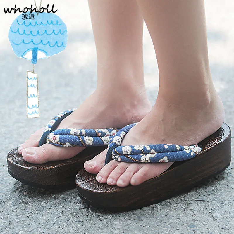 

WHOHOLL Geta Japanese-style wooden slippers clogs with rubber non-skid sole Summer women sandals solid wooden Japanese slippers