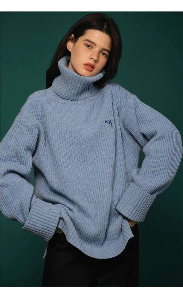 Большой зимний свитер с высоким воротом, пуловер, свитера для женщин и мужчин, модная вышивка дельфина, высокое качество, толстые теплые вязаные топы