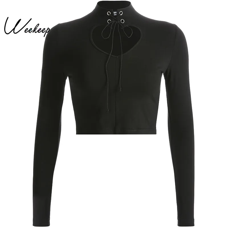 

Weekeep Black Hollow Out Long Sleeve t shirt Women Cropped Bandage Turtleneck t-shirt High Street Knitted tee shirt femme Tops