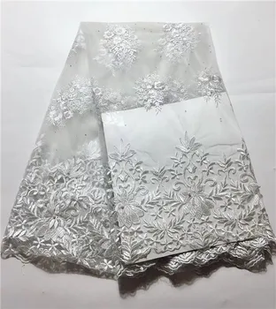 

African Lace Fabric high quality white beaded lace Embroidered french tulle lace fabrics with stones and beads for party 5yd XI2