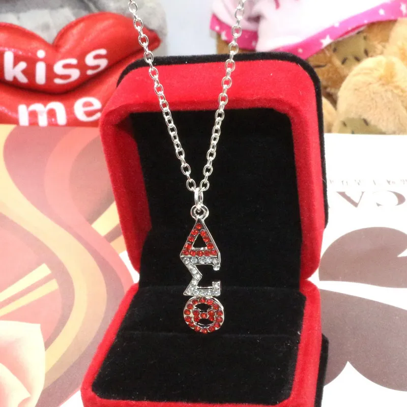 

Free Shipping DST Greek Sorority Fraternity Organization White Red Rhinestone Delta Sigma Theta Symbol Charms Pendant Necklaces