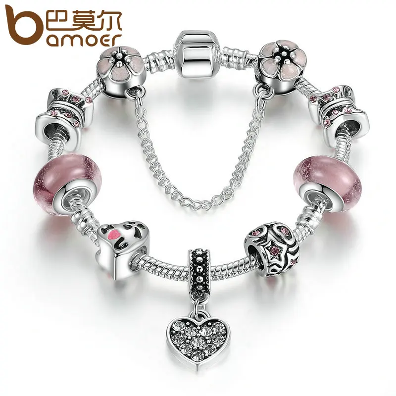 

BAMOER Popular Silver Color Butterfly Flower Beads Heart Pendant Star Charms with Safety Chain Charm Bracelet Wedding PA1890