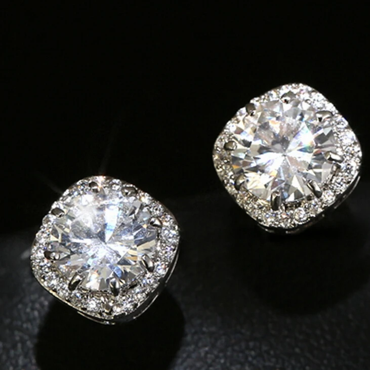 925 Sterling Silver Jewelry Crystal Rhinestones Square Stud Earrings