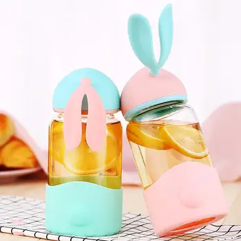 

40# Fashion 300ml/340ml Cute Rabbit Ear Portable Water Bottle Outdoor Travel Home Juice Glass Drinking Cup Gift