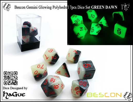 Bescon Gemini Glowing Polyhedral 7pcs Dice Set GREEN DAWN-6