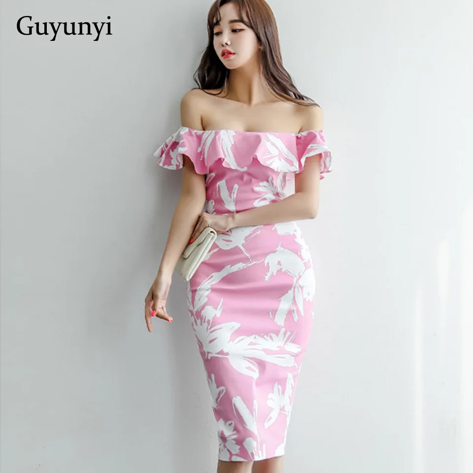 

Small Sexy Office Lady Dress 2019 Summer Elegant Off the Shoulder Slash Neck Ruffles Sleeveless High Waist Slim Pencil Dress