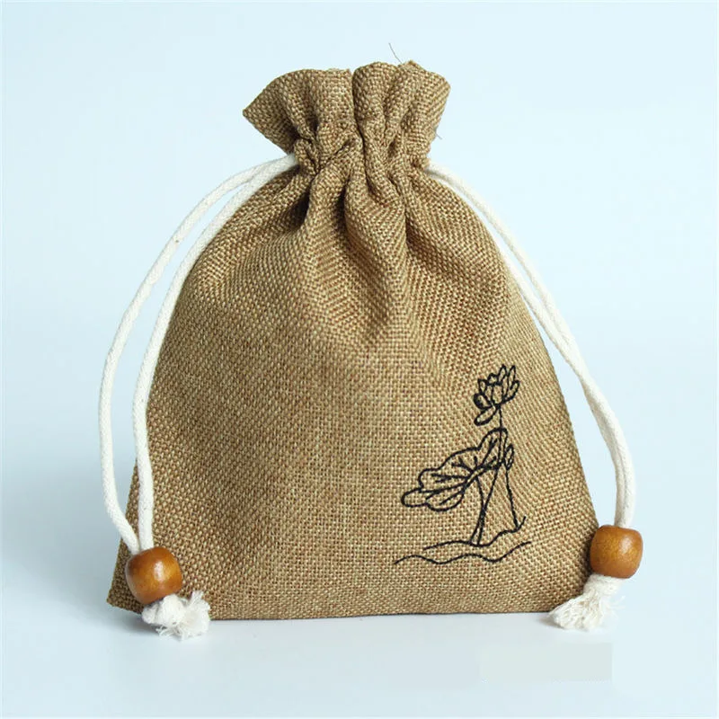 Китайский стиль лотоса льняная Джутовая Ткань Подарочная сумка для хранения с завязкой мешочек Упаковка украшений для конфет и чая сумки для мелочей органайзер для путешествий - Цвет: brown