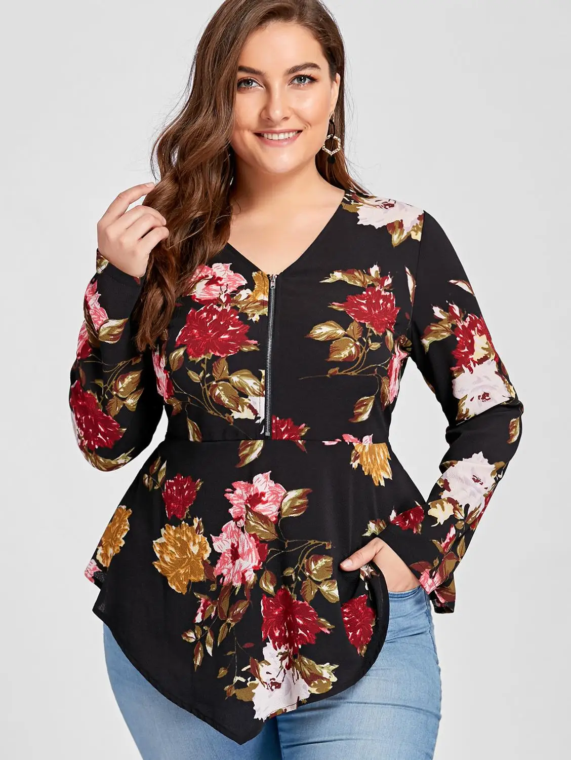 

Wipalo Women Printed Blouse Plus Size Half Zipper Floral Asymmetric Long Sleeve Blouses harajuku Autumn peplum Female Tops tunic