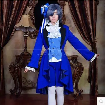 

New Cos Ciel Phantomhive Cosplay Black Butler Halloween Young Master Birthday Blue Dress Full Set 7in1(Top+Pant+Coat+Tie+Goggles