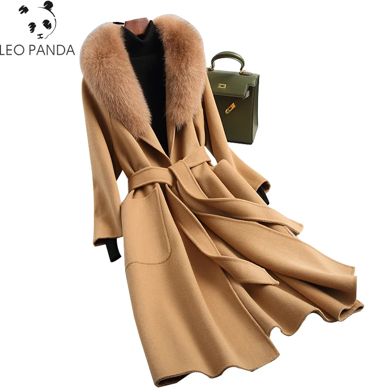 

2019 With Superior quality 100% Wool Coat Women Natural Fox Fur Collar Long Slim Woolen Coats Belt Autumn Winter Female Jacket