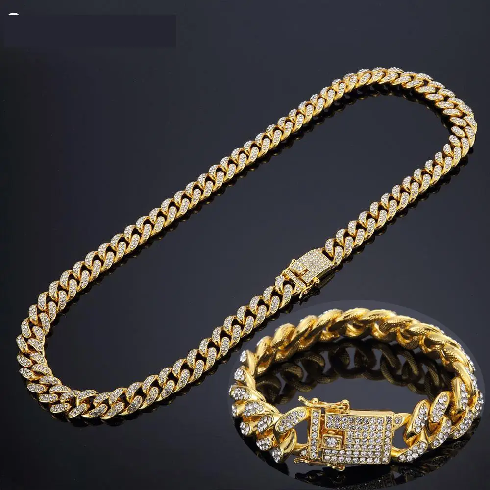 

Hip Hop Full Bling Cz Cubic Zirconia Jewelry Sets Gold Silver Cuban Chain Link Necklaces Bracelets Box Clasp Miami Cubra Sets