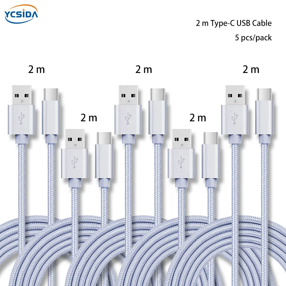 Тип usb-C 2 м 5 шт./упак. 5 V 2.4A для передачи данных в нейлоновой Зарядное устройство кабель для samsung S10/LG G6/huawei mate 20/xiao Mi 8/OPPO R17/vivo NEX кабель - Тип штекера: Silver 2m 5pcs