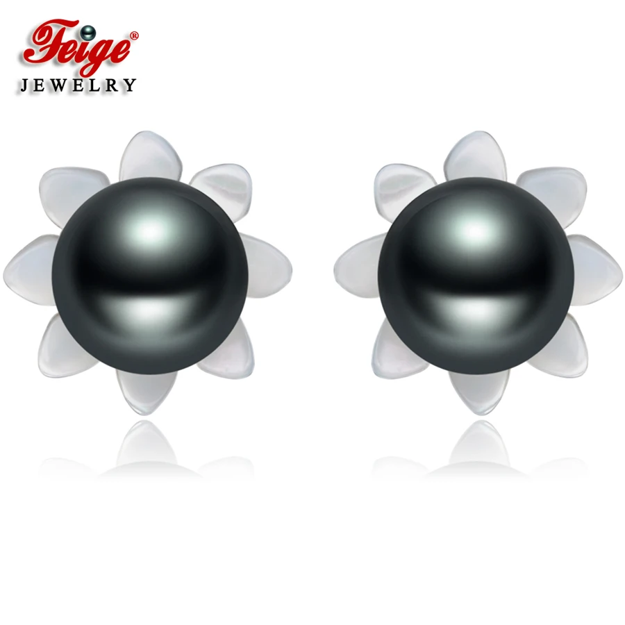 

FEIGE 6-7mm Black Freshwater Pearls 925 Sterling Silver Stud Earrings For Women's Exclusive Design Shell Carvings Fine Jewelry