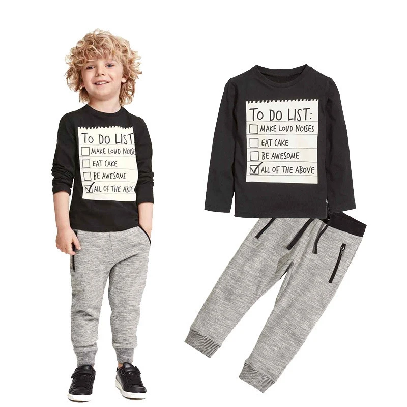 

2017 long-sleeved baby boy clothes Black letters sports casual T-shirt + 100% cotton pants Boy children's clothing AZ082