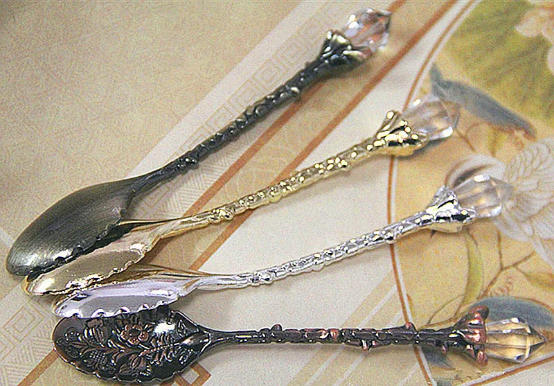 1X Crystal Retro Pattern Stainless Steel Small Cake Spoon Coffee Scoop FH MECA 